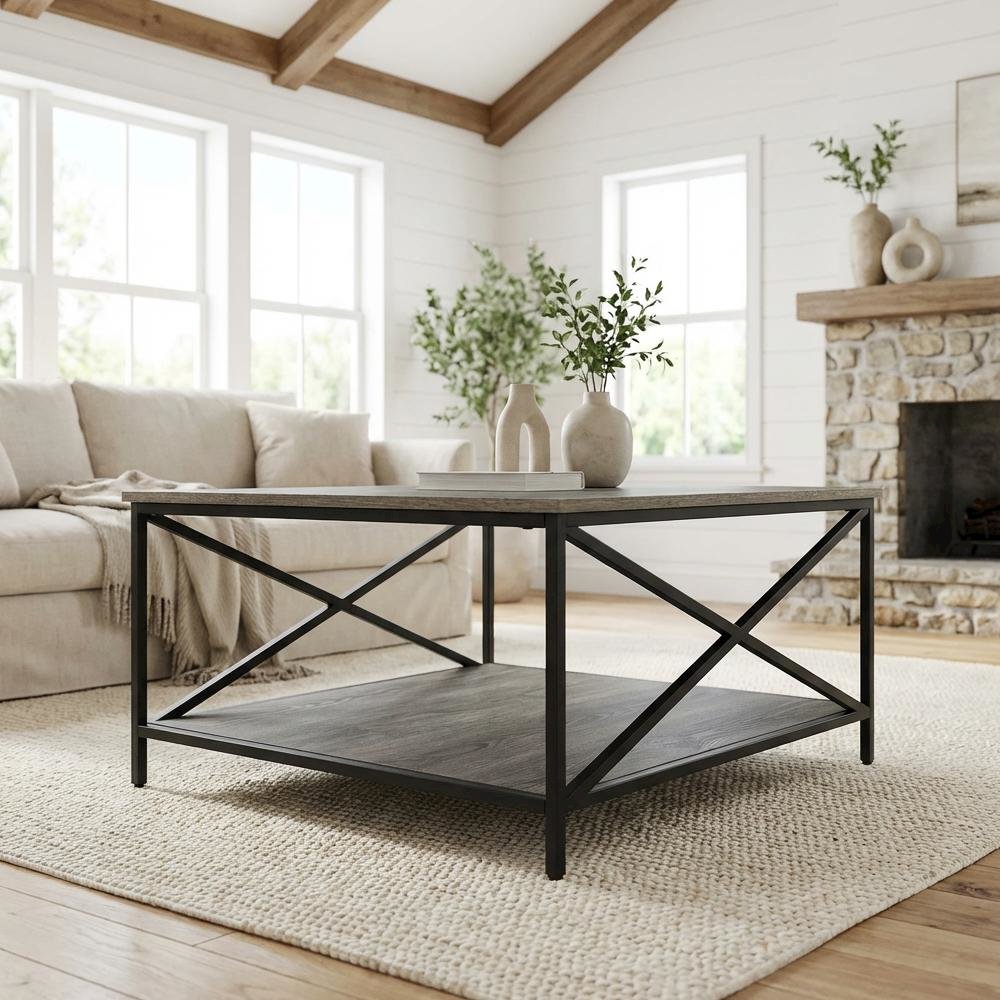Metal Square Coffee Table Weathered Gray/Black with Shelf Particle Board