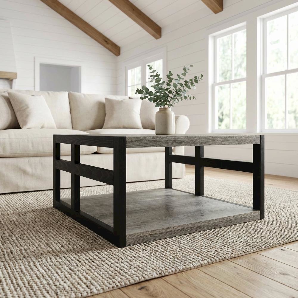 Weathered Gray Black Coffee Table with Shelf and Contemporary Style