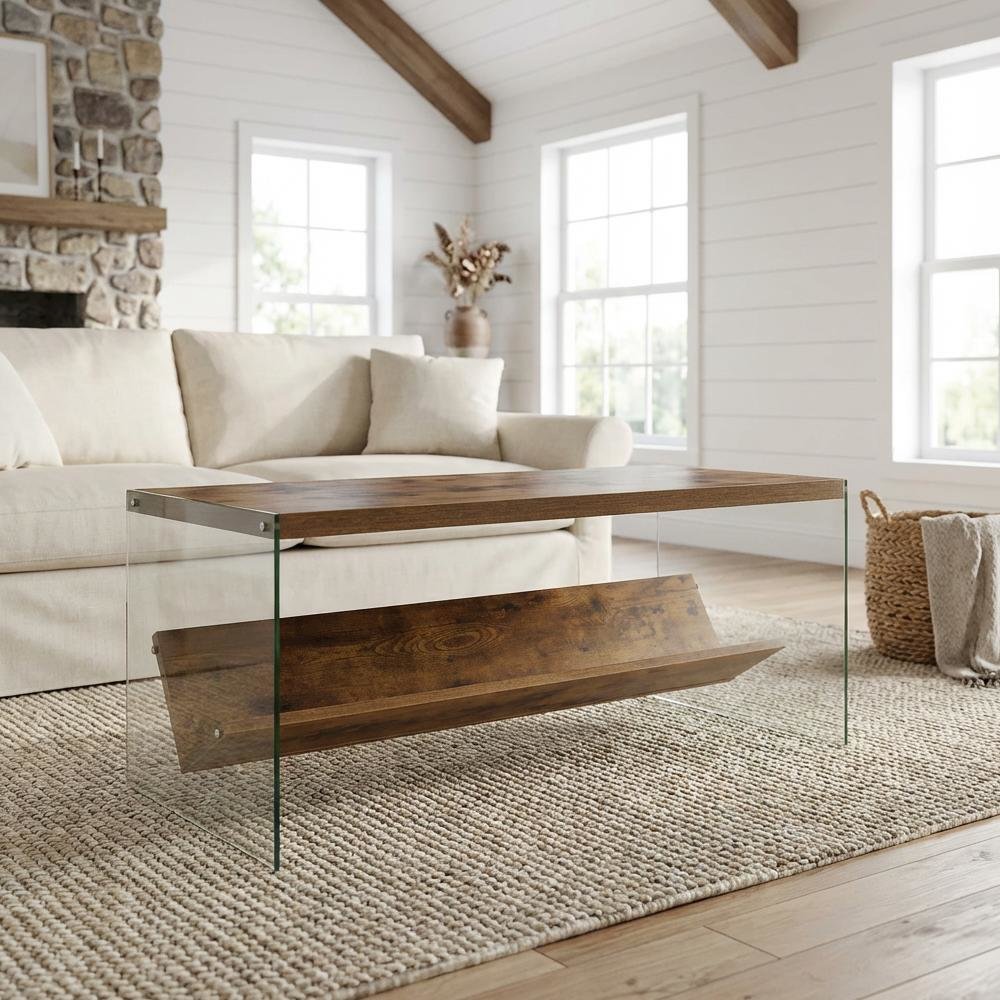 Glass Coffee Table with Shelf Clear Contemporary Design Single Piece