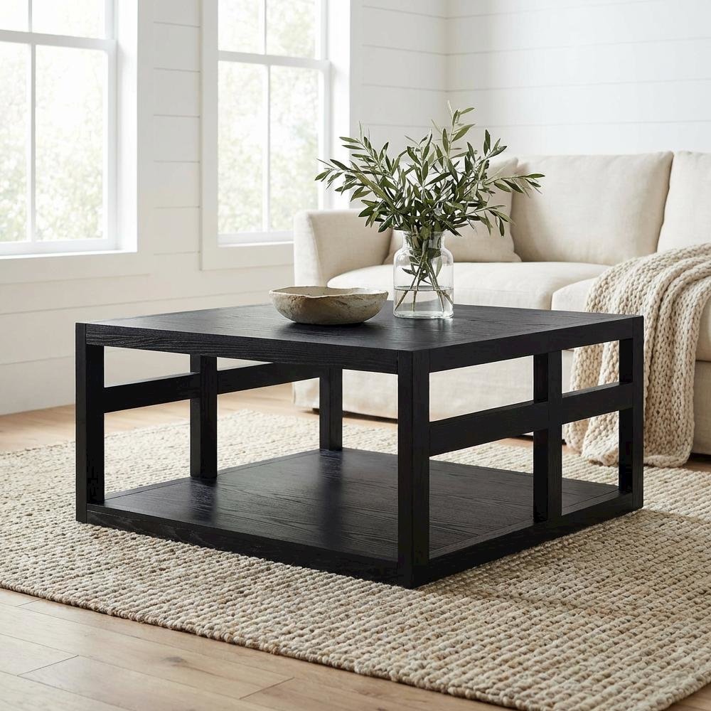 Square Contemporary Coffee Table with Open Shelf and Sturdy Design
