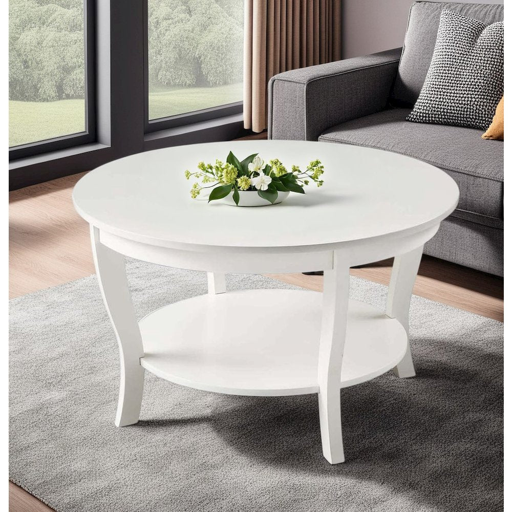 White Round Coffee Table with Shelf, MDF and Solid Rubberwood Construction
