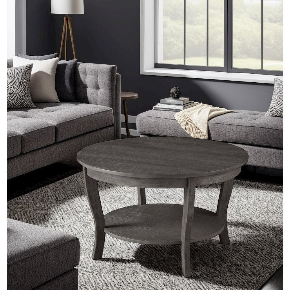 Gray Round Coffee Table with Shelf and Modern Design for Living Room
