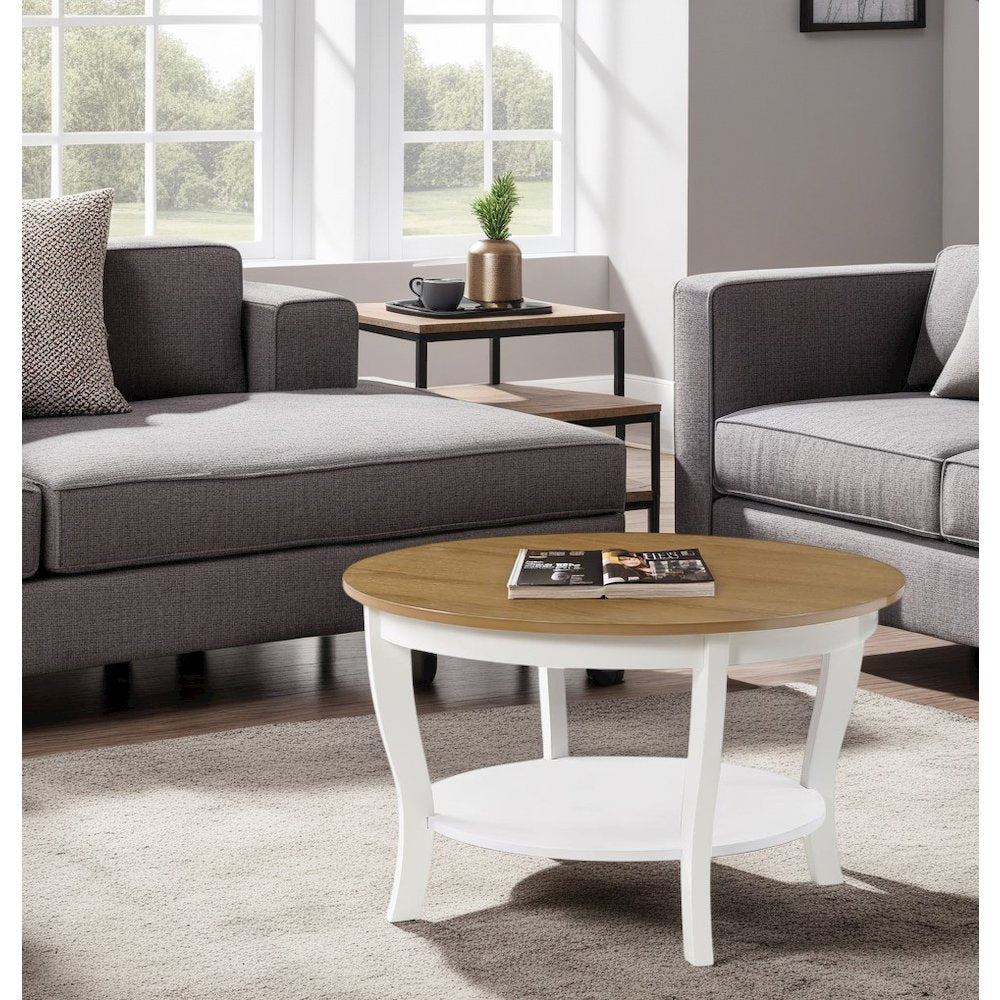 Elegant Brown Round Coffee Table with Shelf, MDF Solid Rubberwood Veneer