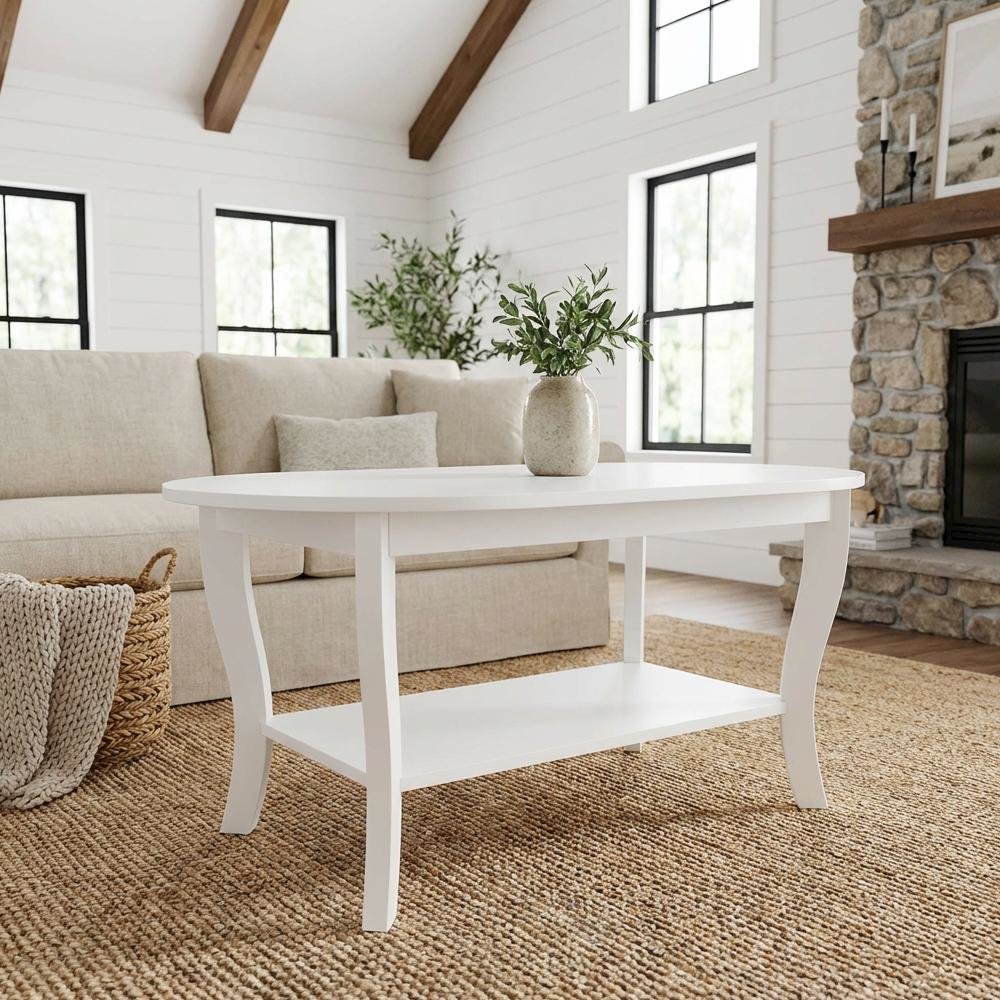 Oval Coffee Table Classic Style Single Piece with Lower Shelf and Durable Build