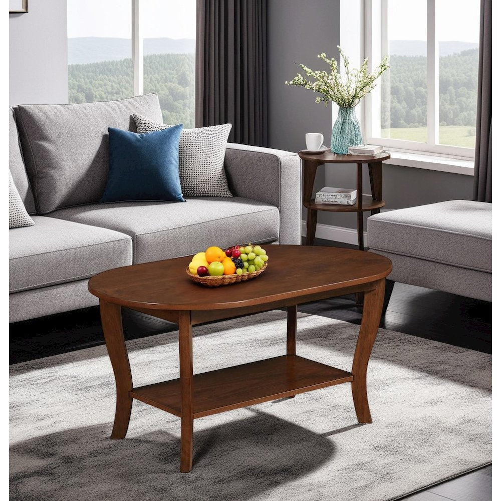 Brown Oval Coffee Table with Lower Shelf for Storage and Stylish Display