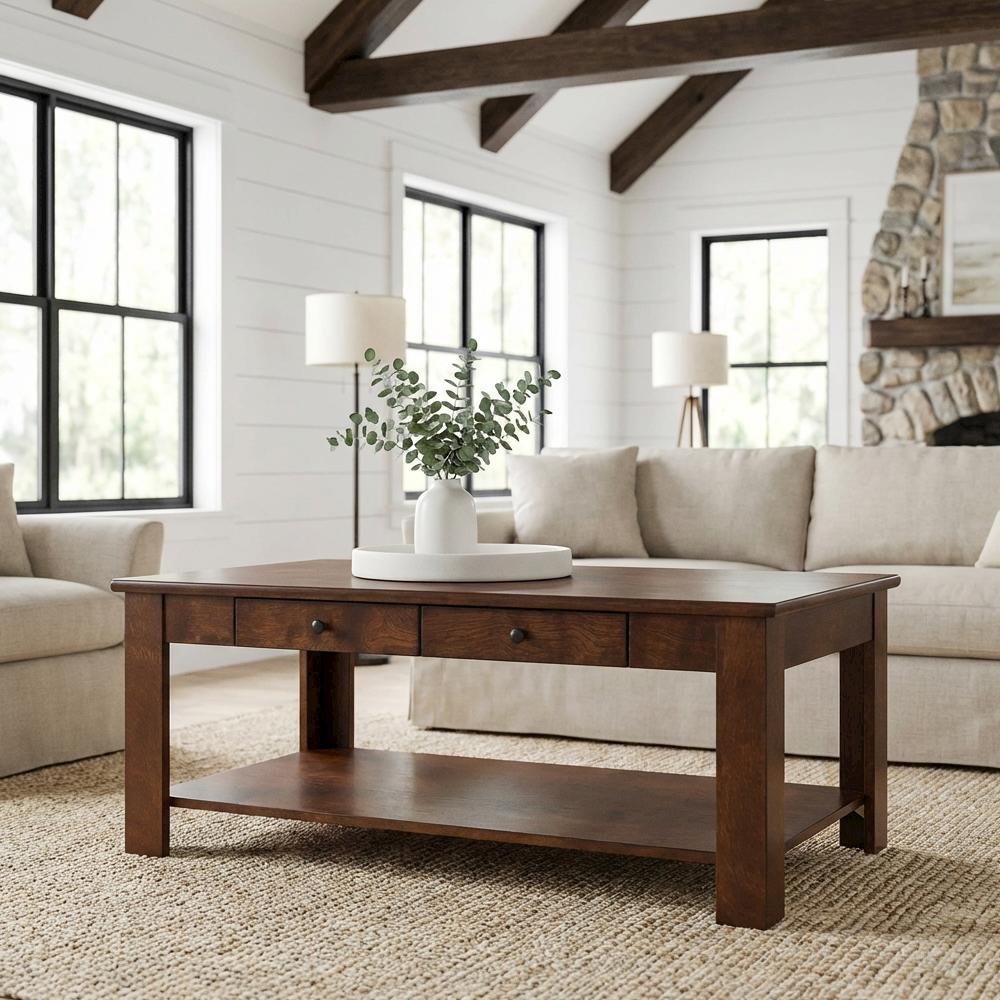 Brown 2 Drawer Coffee Table with Shelf Espresso MDF Top and Metal Knobs