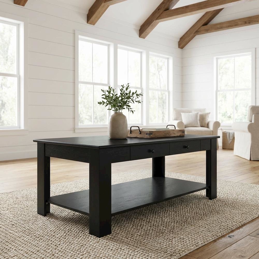 Black 2-Drawer Coffee Table with Shelf and Metal Knobs, MDF Construction