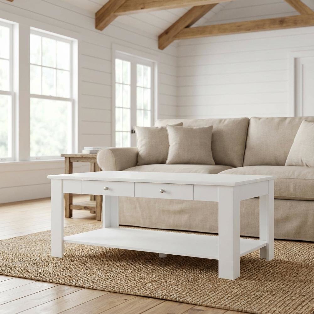 White Coffee Table with 2 Drawers and Shelf MDF Top Brushed Nickel Knobs