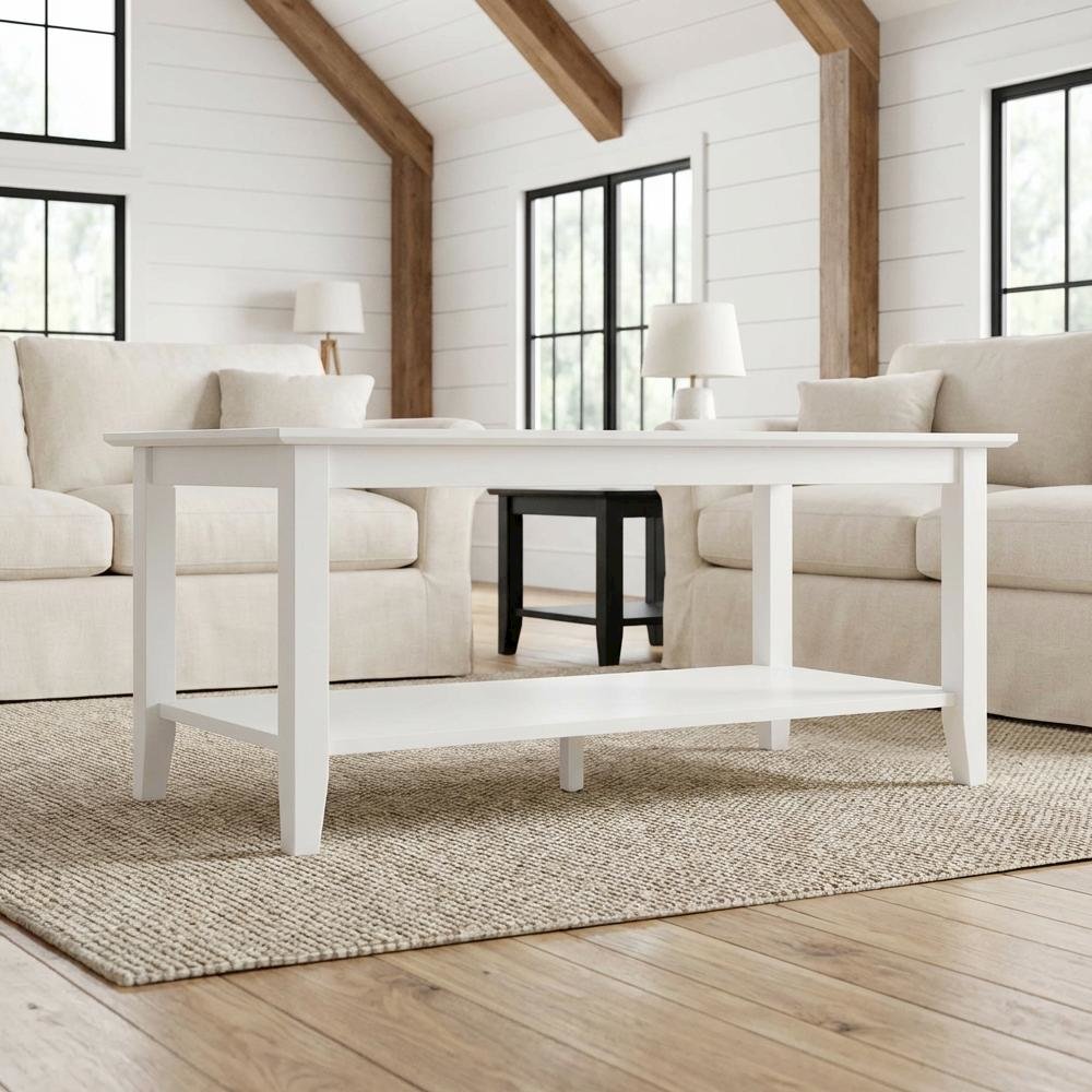 White Rectangle Coffee Table with Shelf MDF Top Rubberwood Legs Durable Design