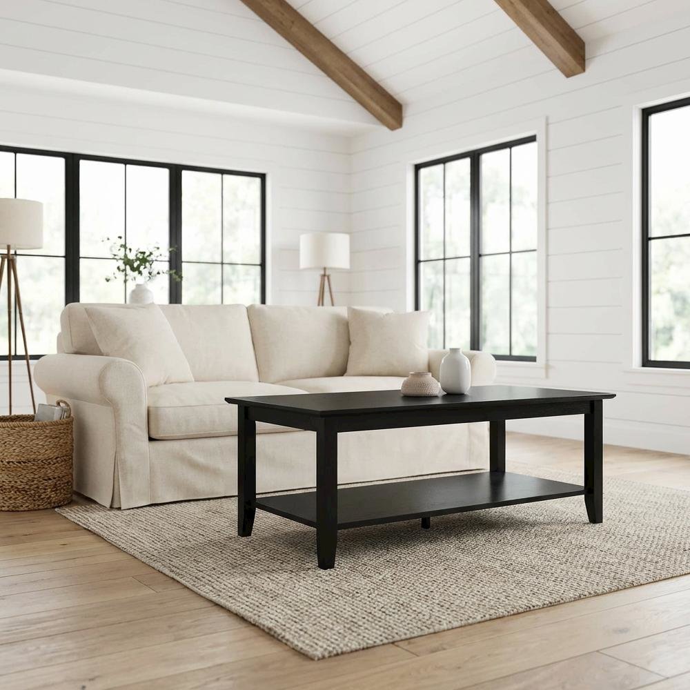 Black Rectangle Coffee Table with Shelf MDF Top Rubberwood Legs Durable Finish