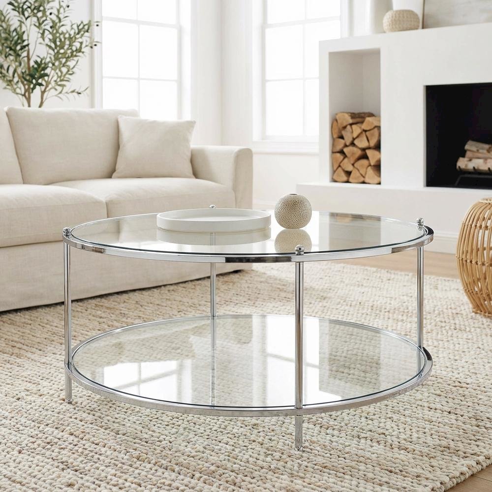 Clear Glass Coffee Table with Chrome Frame and Tempered Glass Surface