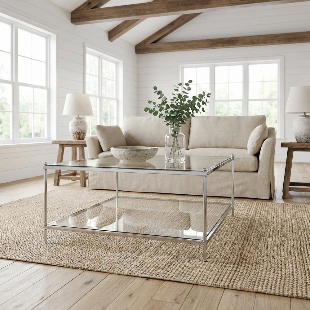 Clear Glass Chrome Frame Coffee Table with Tempered Glass, Contemporary Design