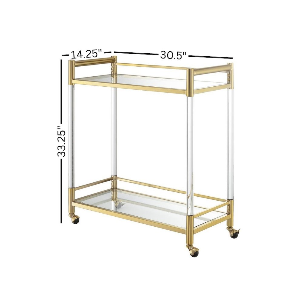 Bar Cart with 2 Tiers of Glass, Acrylic Legs, Locking Casters in Gold Chrome