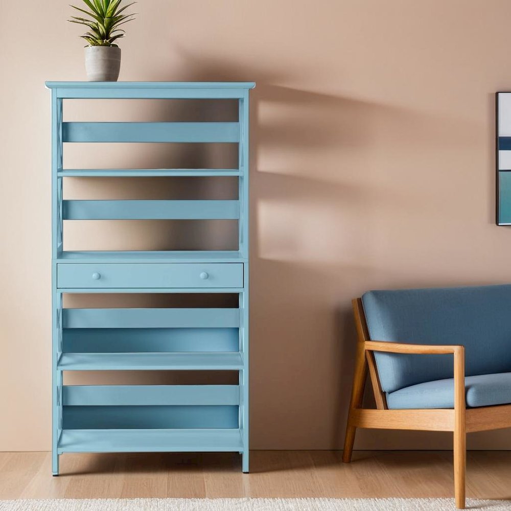 Blue 5-Tier Bookcase with Drawer, MDF Construction, Spacious Shelving Unit