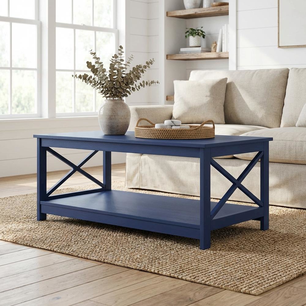 Coffee Table Cobalt Blue MDF with Bottom Shelf for Extra Storage