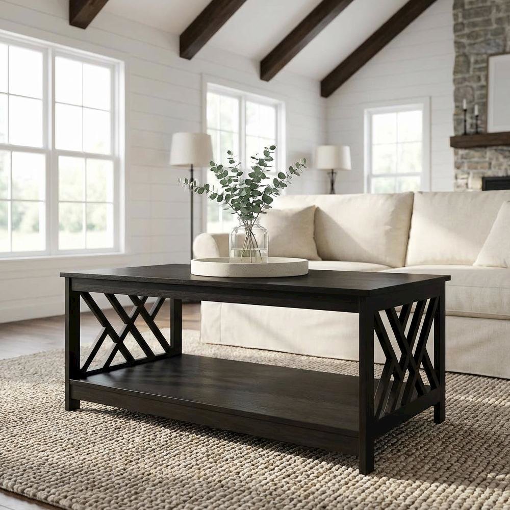 Espresso Coffee Table with Shelf MDF Construction Sturdy Storage Design