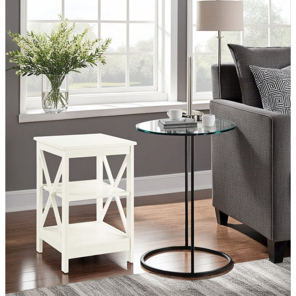 Elegant White End Table with Shelves for Storage and Organization in MDF