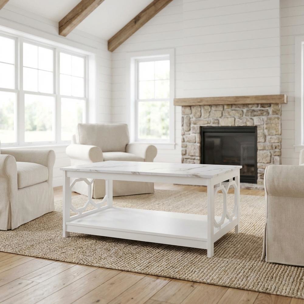 White Faux Marble Coffee Table with Shelf MDF Surface and Sturdy Design