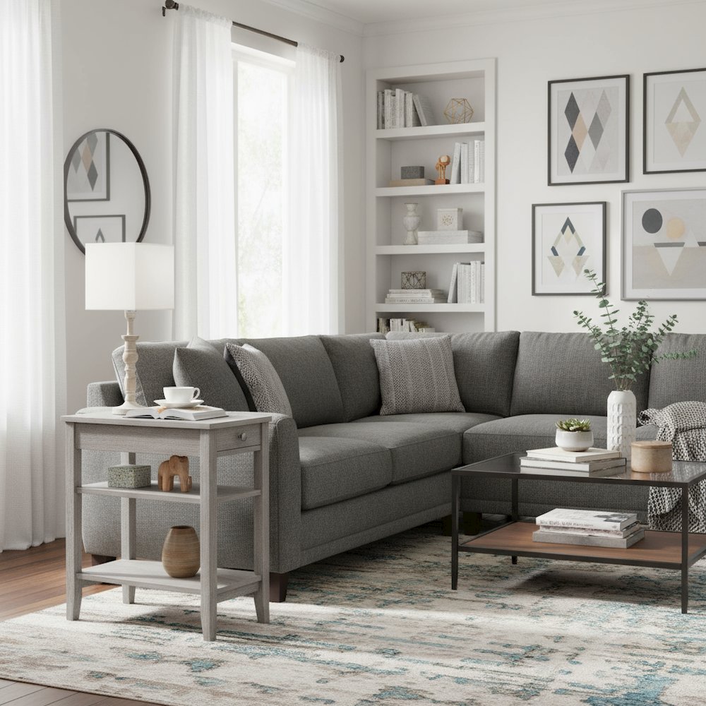 Chairside End Table with Drawer, 3 Shelves, Gray Wood Finish, Concealed Storage