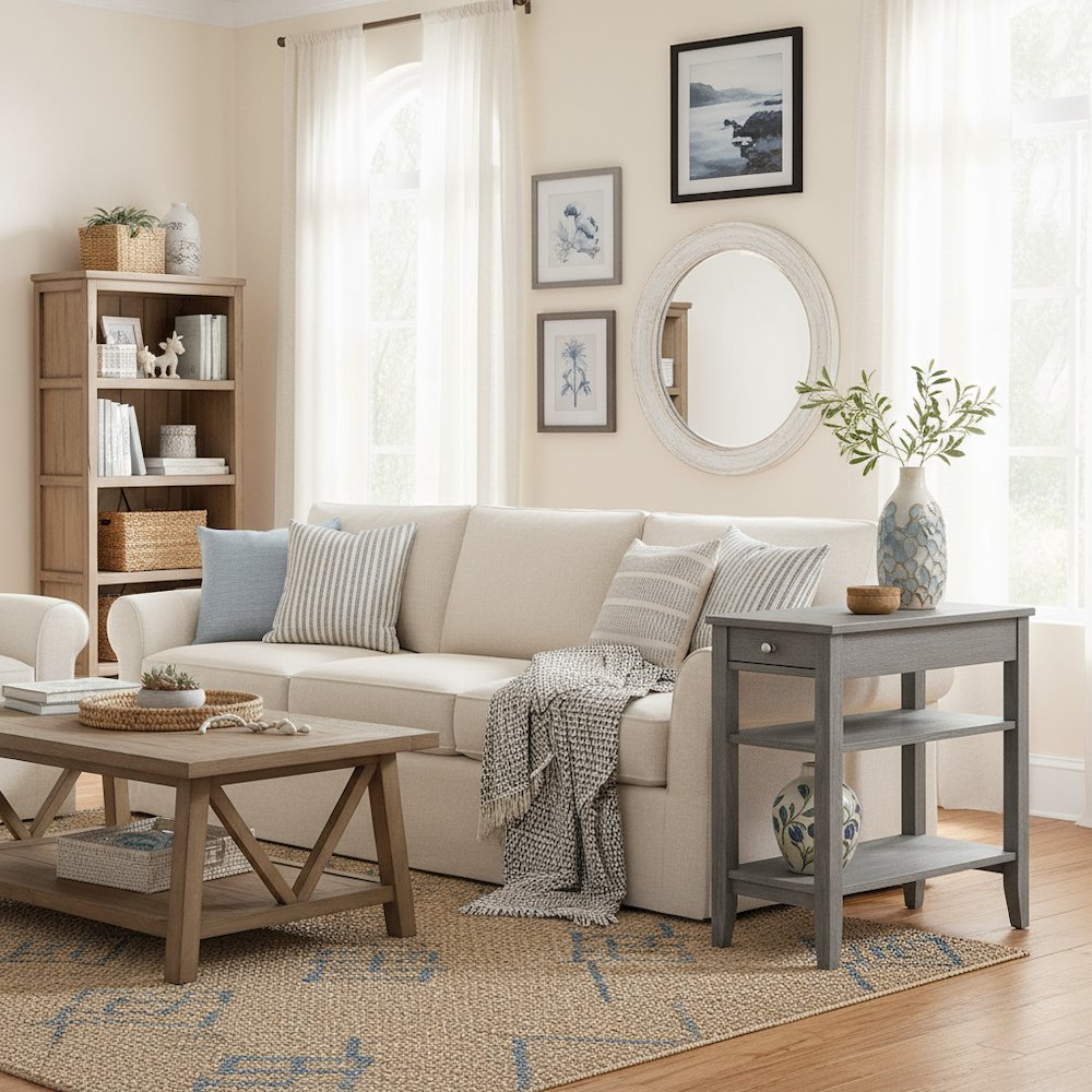 Chairside End Table with Drawer, 3 Shelving Levels, Gray Finish