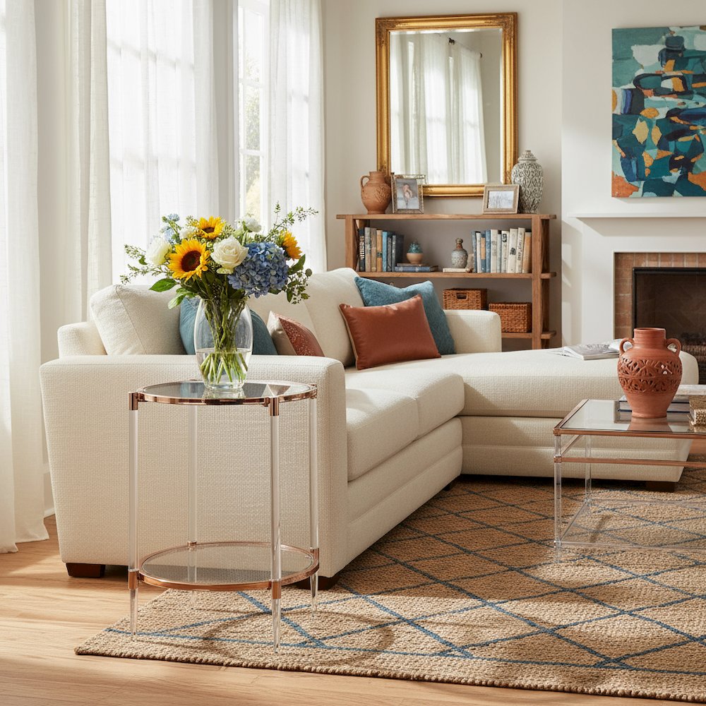 End Table with 2 Glass Tiers, Acrylic Legs, Contemporary Style in Rose Gold