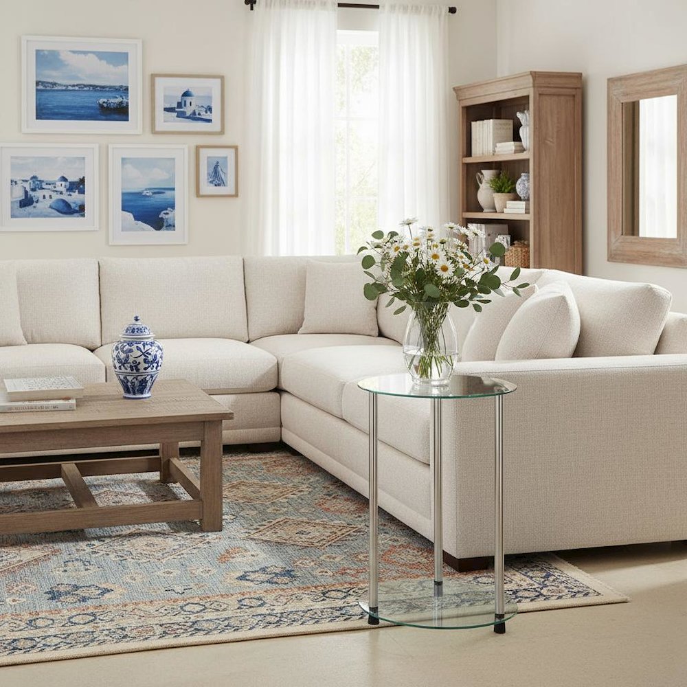 Contemporary Glass Side Table, Round, Chrome Legs, Easy Setup
