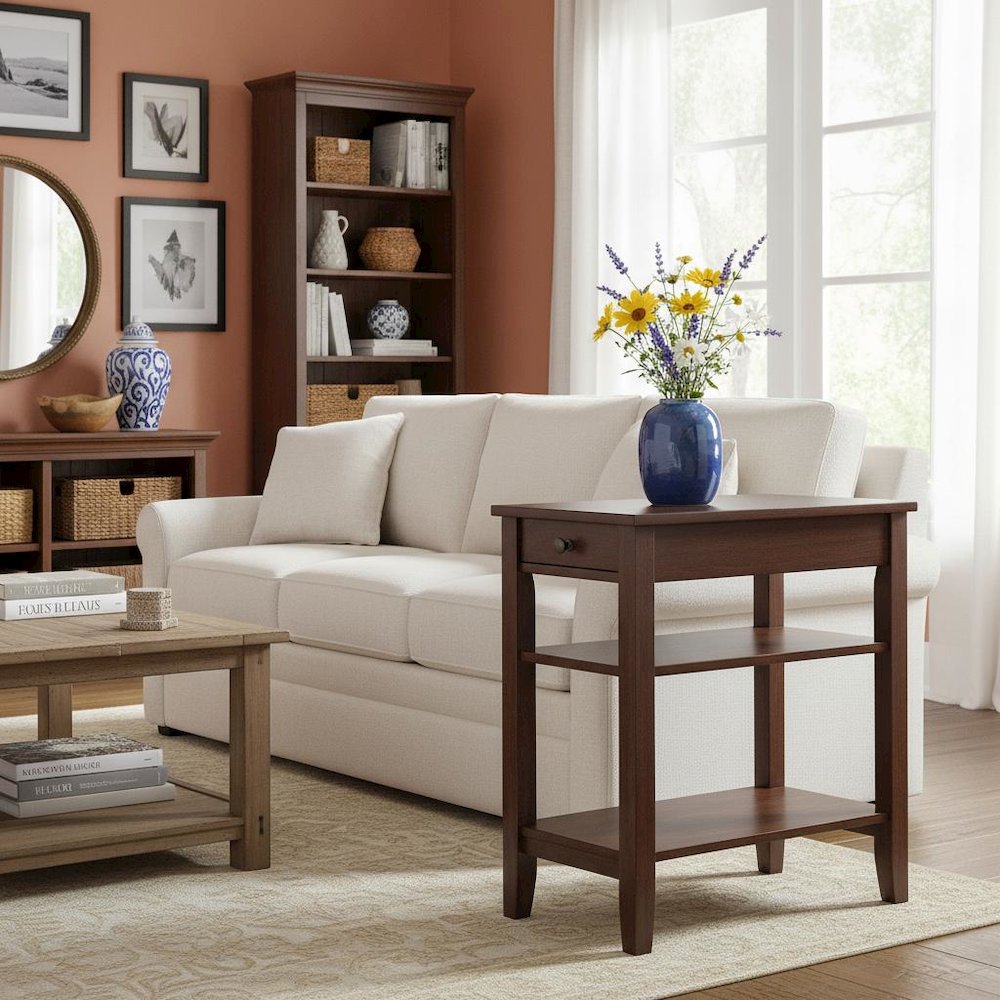 Chairside End Table, Brown, Drawer, Three Tier Shelving