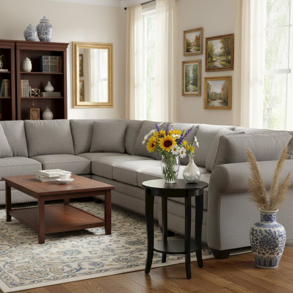 Round End Table, Black, Modern, Bottom Shelf, Easy Setup