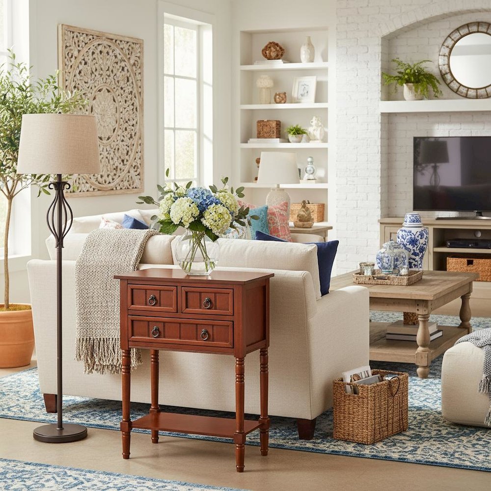 Entryway Hall Table, Cherry, 3 Drawers, 2 Shelves, Quick Setup