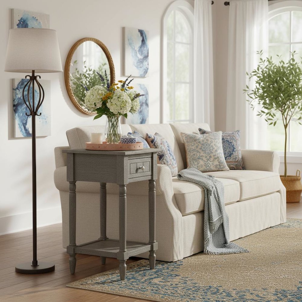 Accent Table, Gray, Drawer, Shelf, Versatile Wood, 14 Inch