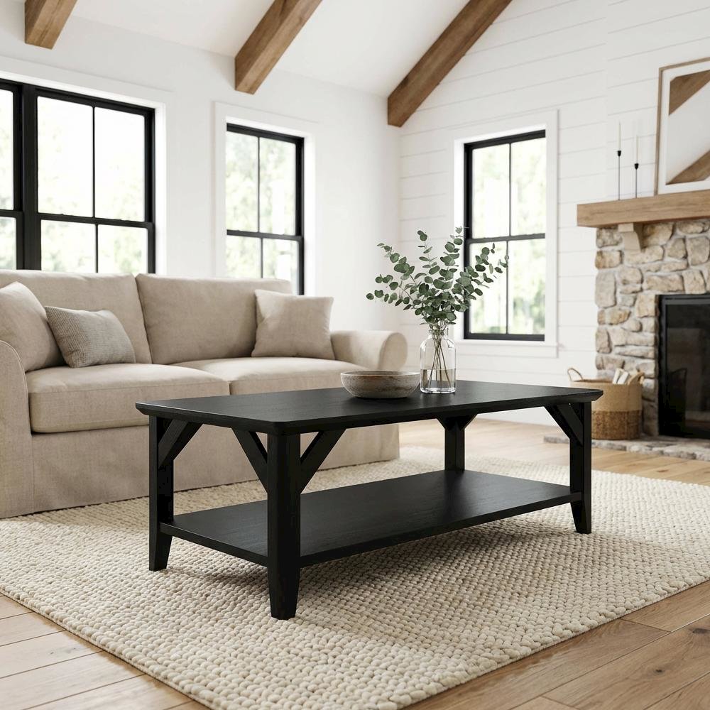 Black Coffee Table with Shelf and Sturdy Wood Construction for Living Room Use