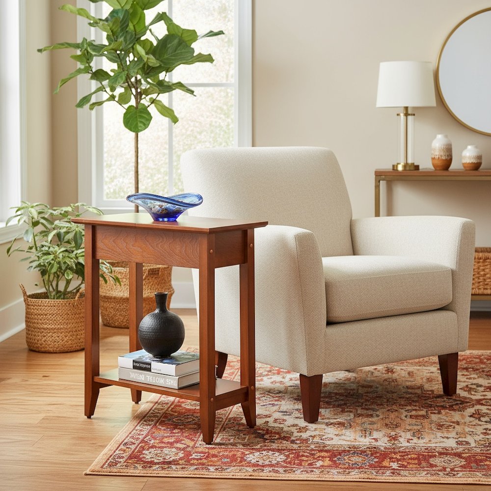 Flip-Top Wood End Table with Hidden Storage and Shelf, Brown Finish 24-inch High