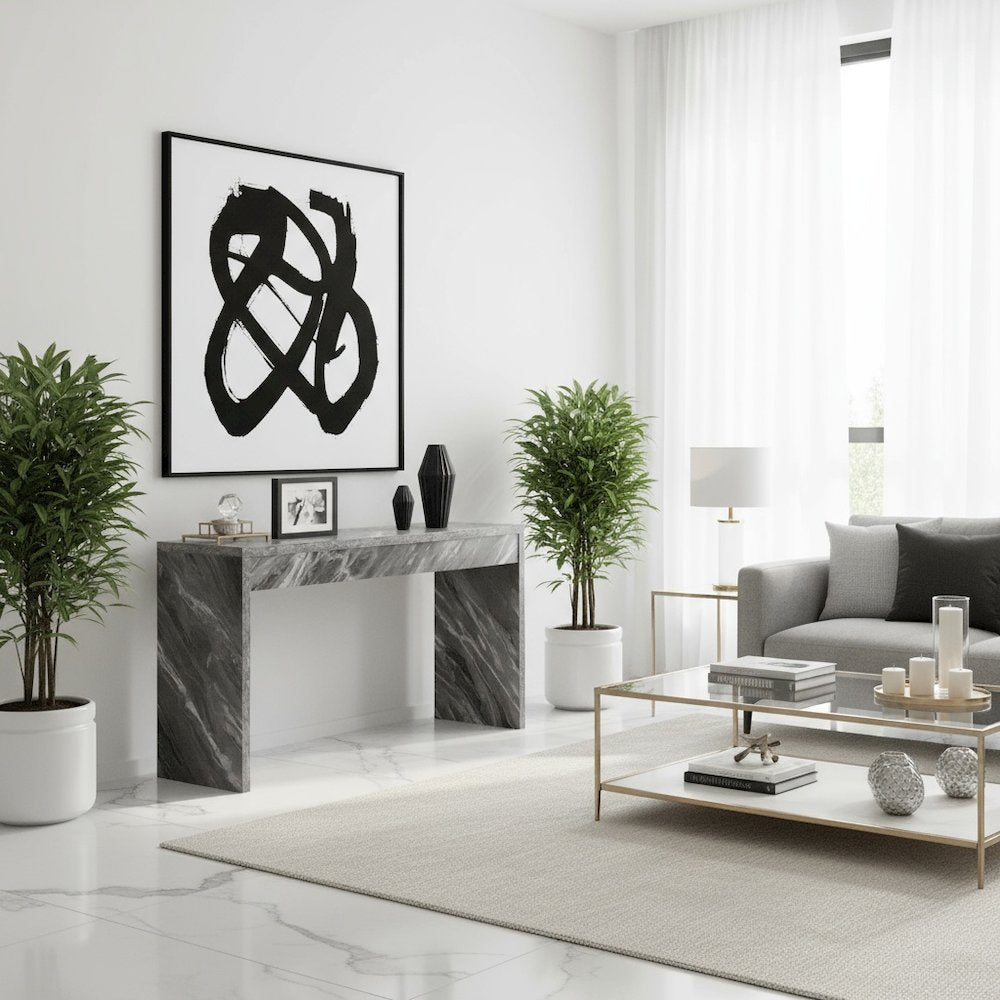 Console Desk, White, 48 Inch, Versatile, Faux Marble Top