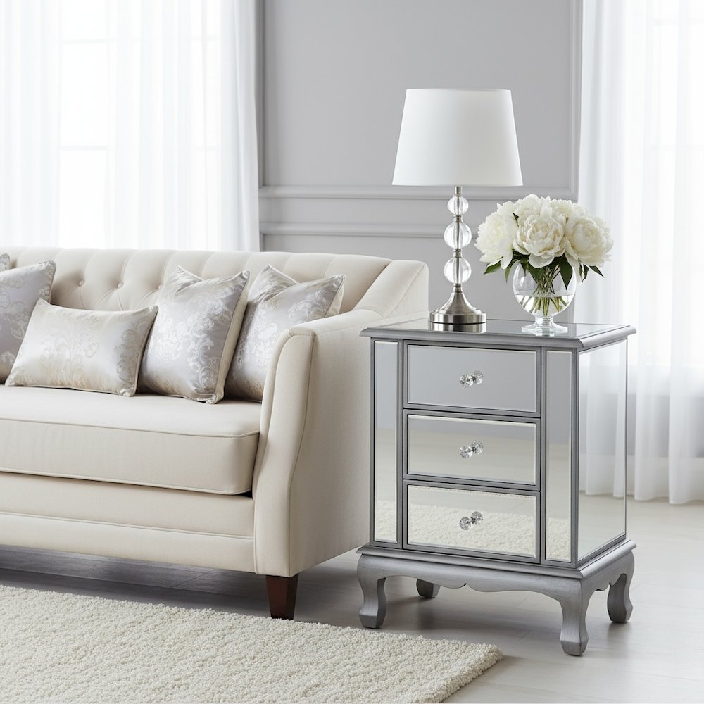3-Drawer End Table with Mirror Finish, Glam Style, Silver, Quick Easy Assembly