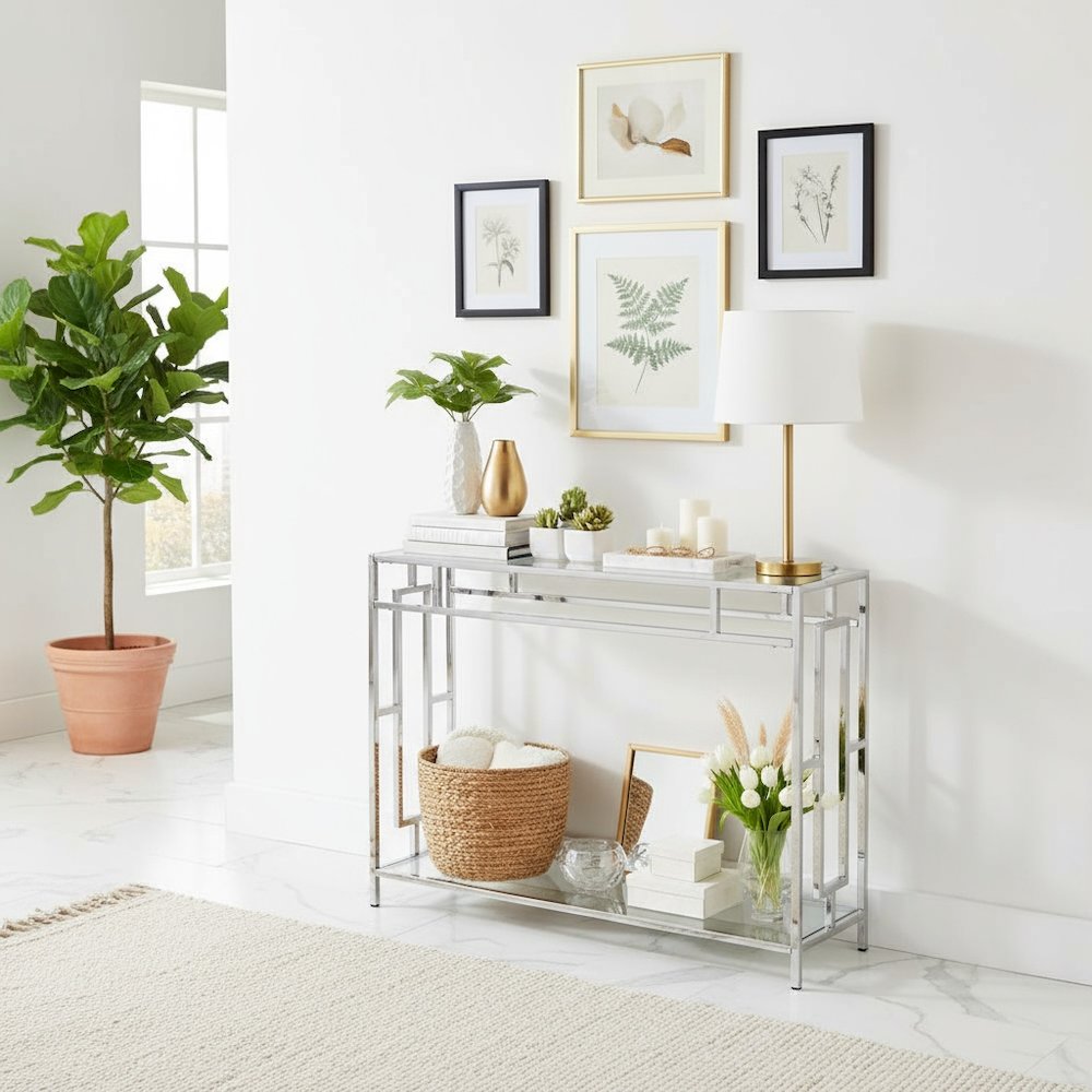 Glass Entry Table, Chrome, Display Shelf, Modern, Easy Setup