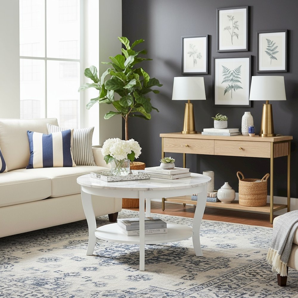 Round Coffee Table, White, Faux Marble Top, Curved Legs