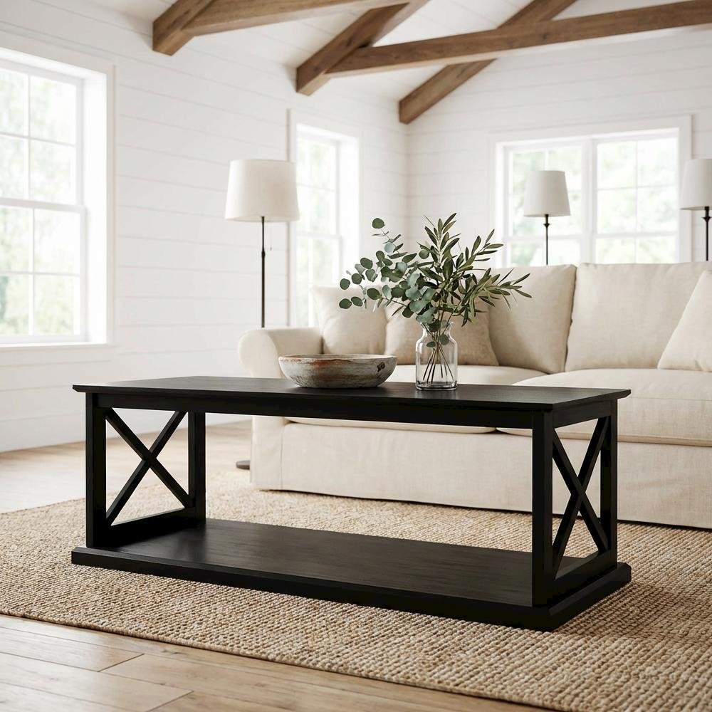 Black Coffee Table with Shelf and Sturdy Frame for Living Room Storage