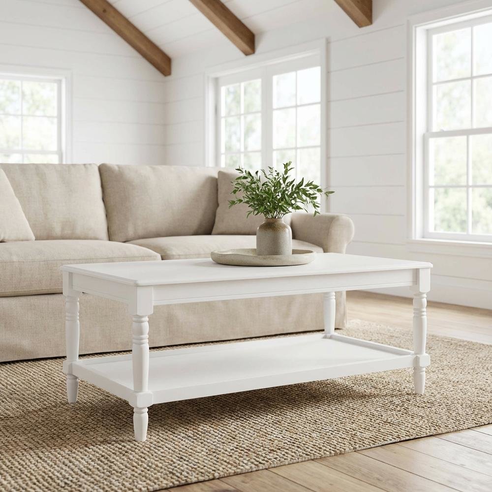 White Coffee Table with Shelf Rubberwood Legs and MDF Top for Living Room
