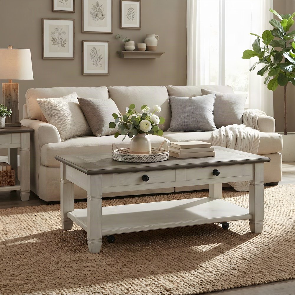 Granby Solid Pine Farmhouse Cocktail Table, 2-Tone Rosy Brown and Antique White