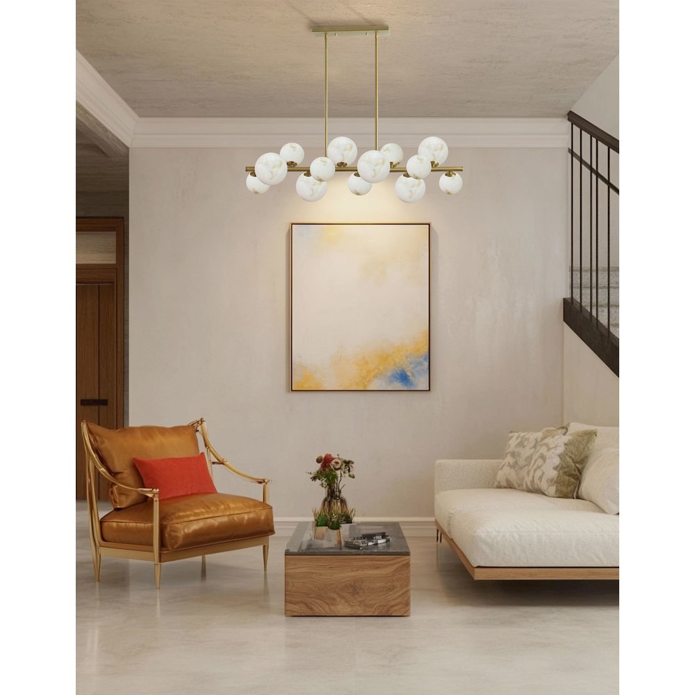 13 Light Aged Brass Horizontal Pendant w/ Alabaster Glass