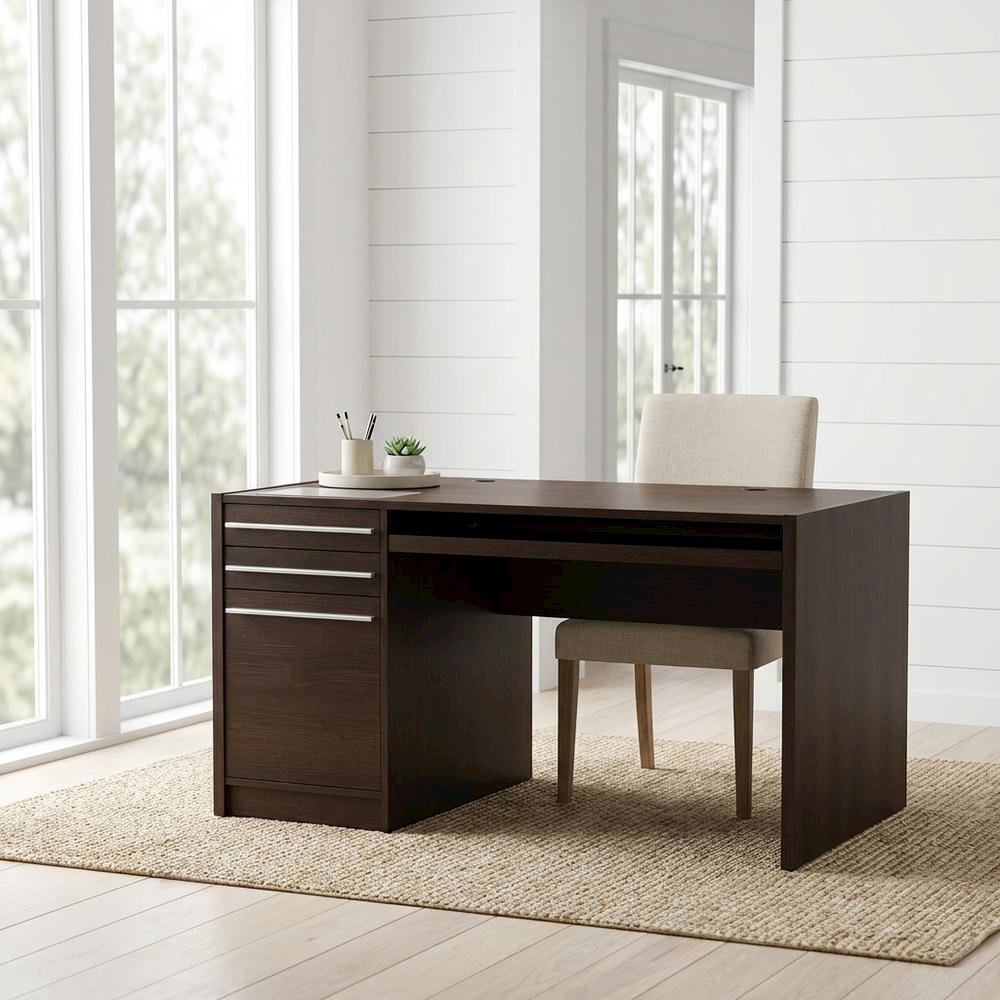 Contemporary Cappuccino Office Desk With 3 Drawers And Rectangular Shape