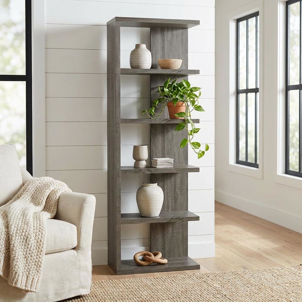 Weathered Grey 5-Shelf Bookshelf with Tipover Restraint and Transitional Style