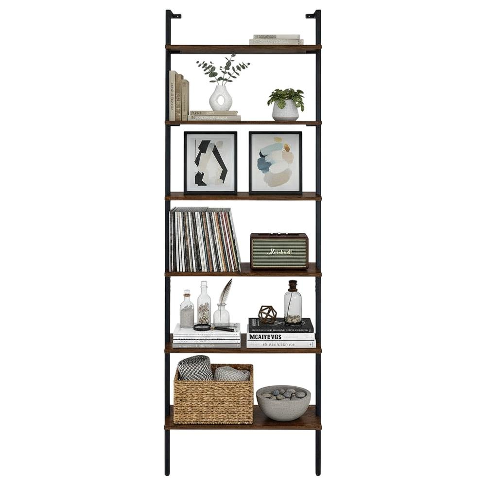 Walnut Wall Bookshelf with Six Shelves and Transitional Style