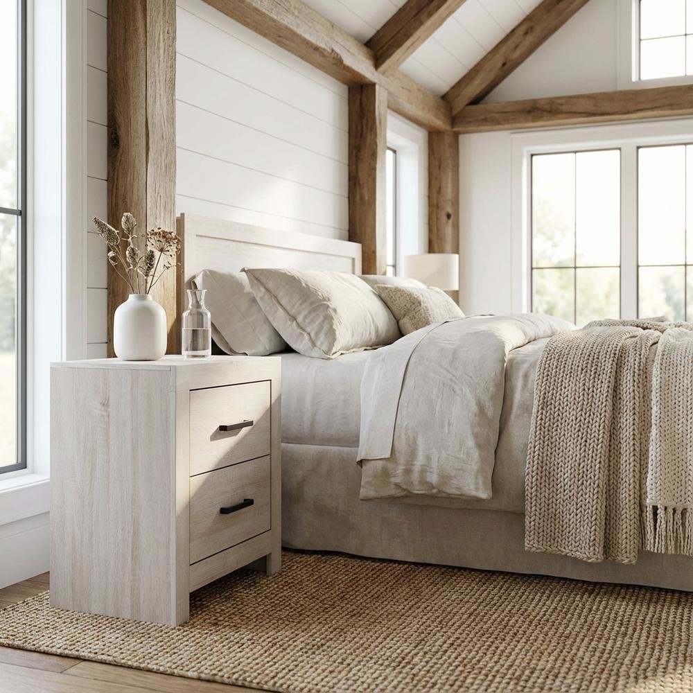 Coastal White Nightstand with 2 Drawers and Farmhouse Style