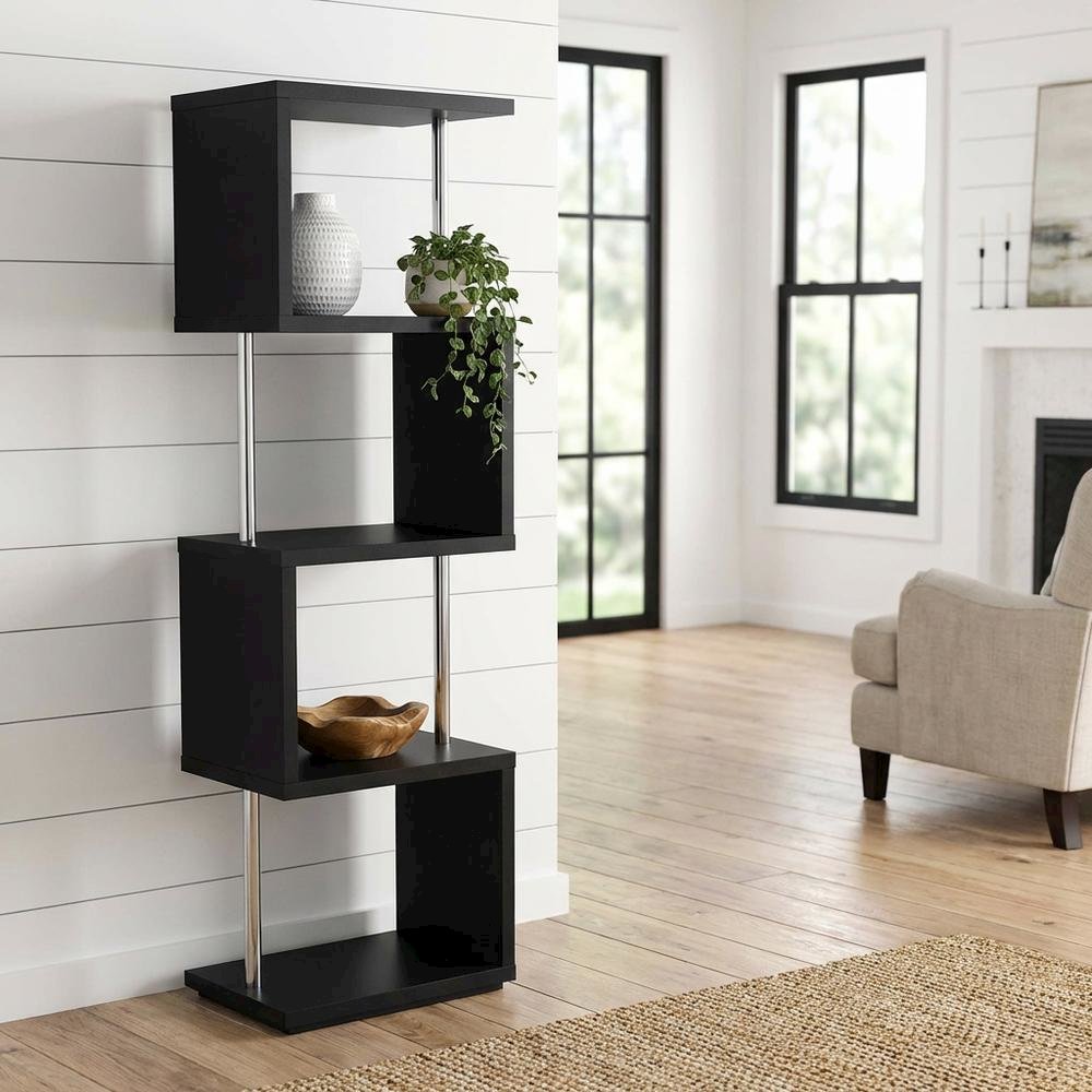 Contemporary Black Bookshelf with 4 Shelves and Tipover Restraint