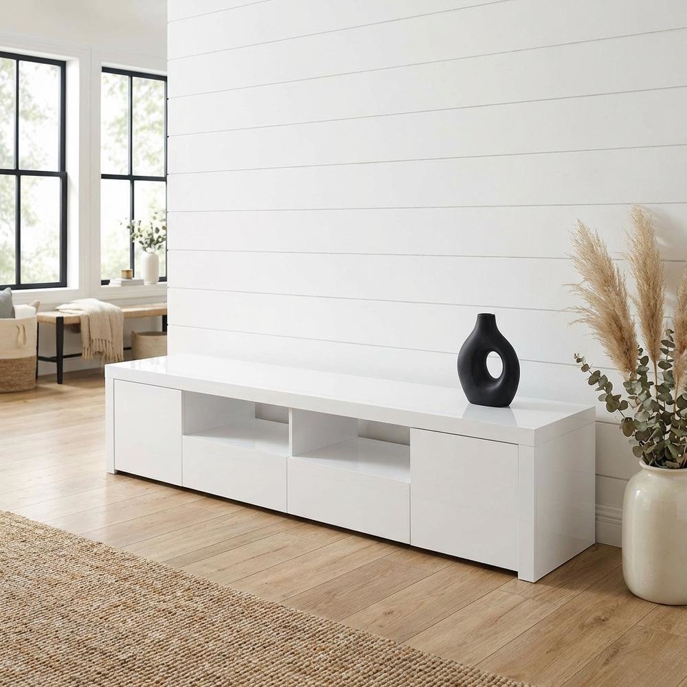 White high gloss engineered wood TV stand with 2 doors and contemporary design