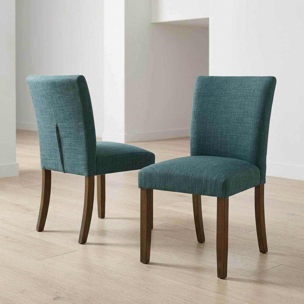 Polyester Upholstered Dining Side Chair, Teal Blue, Set of 2