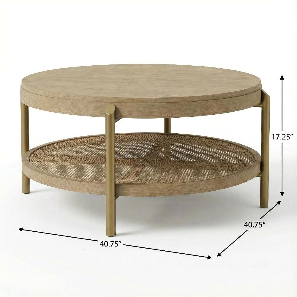 Round Coffee Table Sand Wash with Storage Shelf and Leveler Plastic Glide