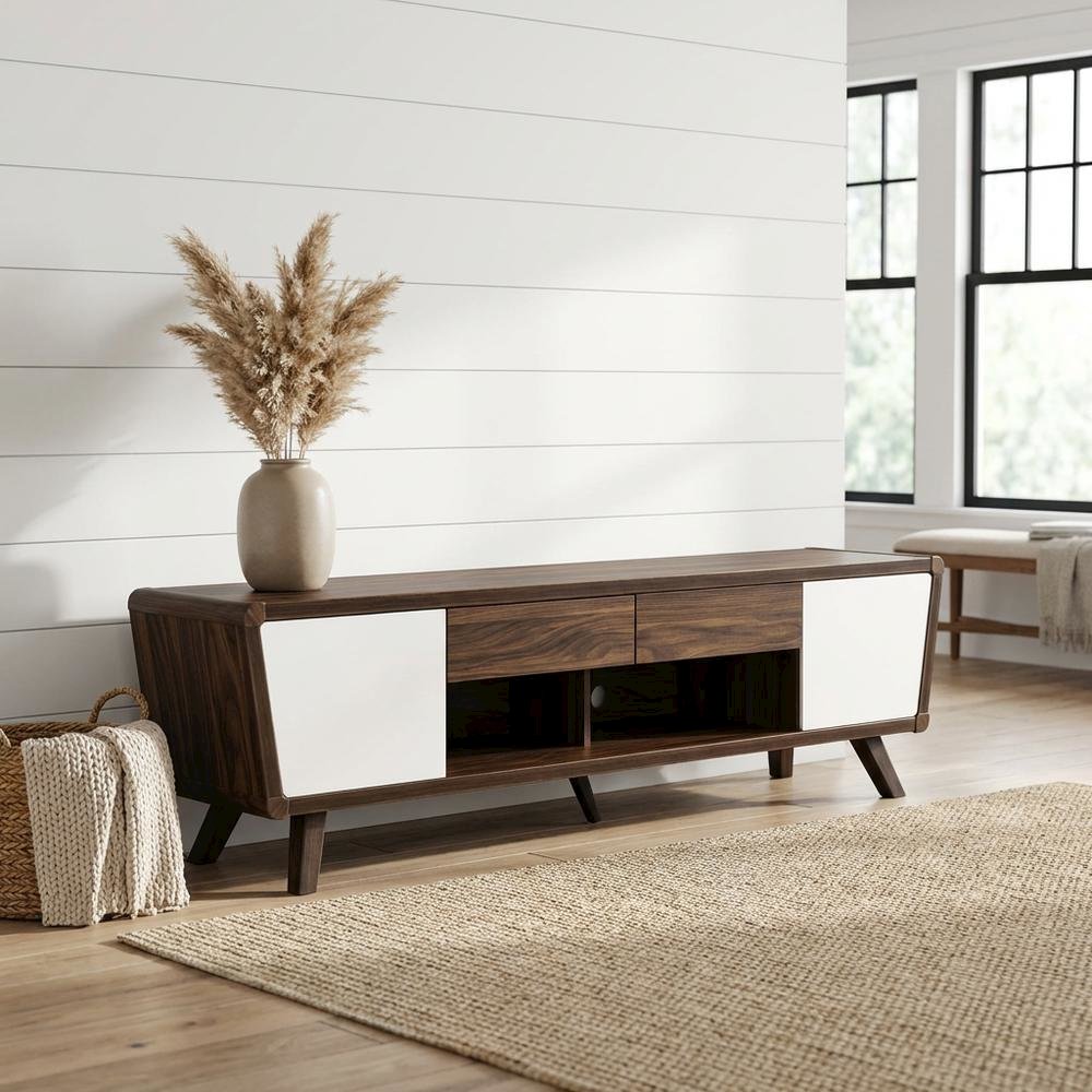 Dark Walnut 2-Door TV Stand, Engineered Wood Frame, Mid-Century Modern Style