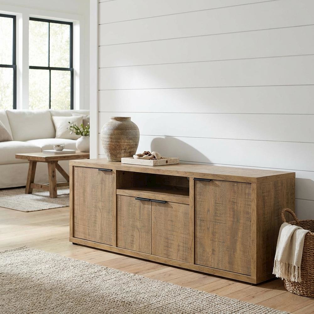 TV stand with Engineered Wood and Walnut Veneers, Farmhouse Style